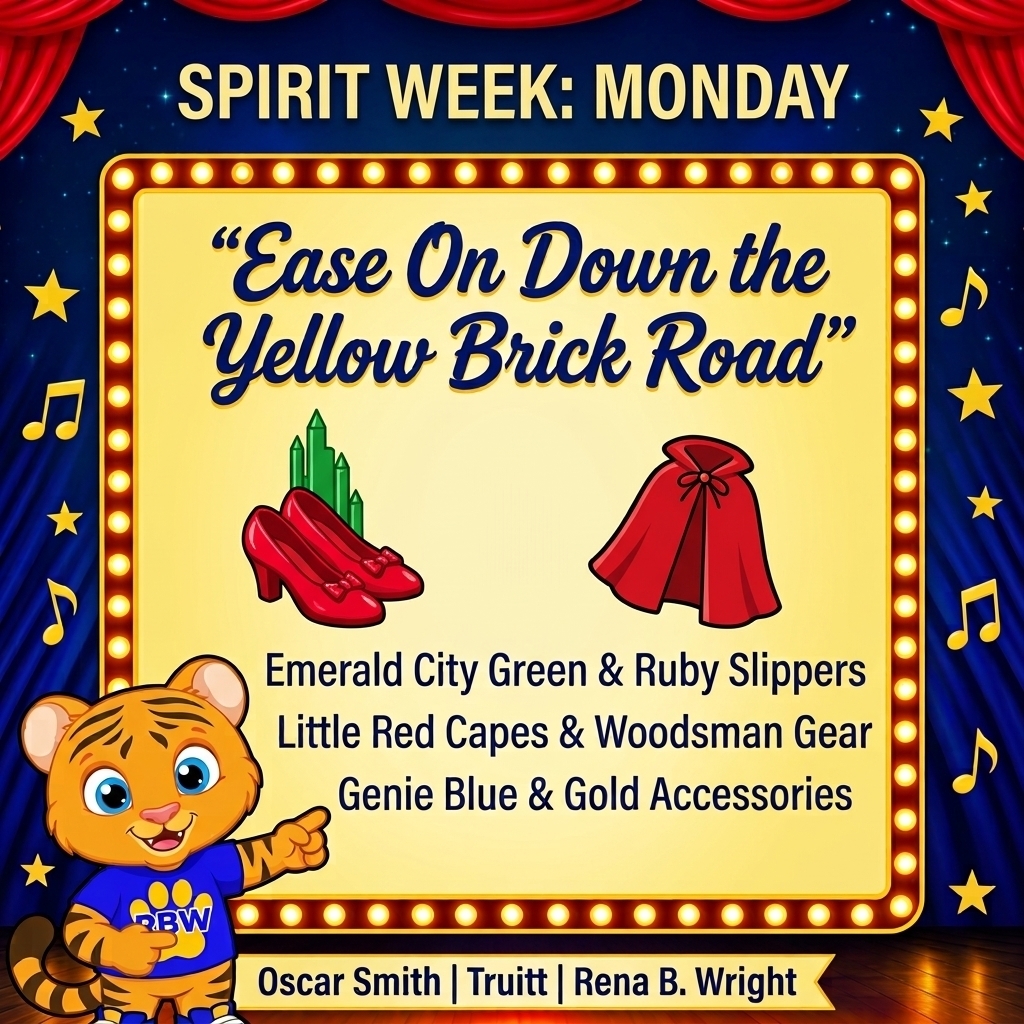 A poster with a tiger mascot, stage lights, and costume instructions for Spirit Week.