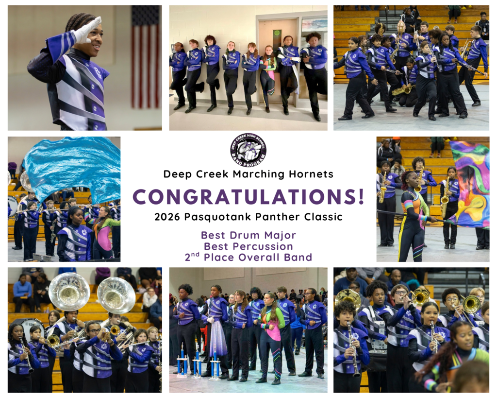 Photo collage celebrating the Deep Creek Marching Hornets at the 2026 Pasquotank Panther Classic. Embedded text reads: "CONGRATULATIONS! 2026 Pasquotank Panther Classic — Best Drum Major, Best Percussion, 2nd Place Overall Band."