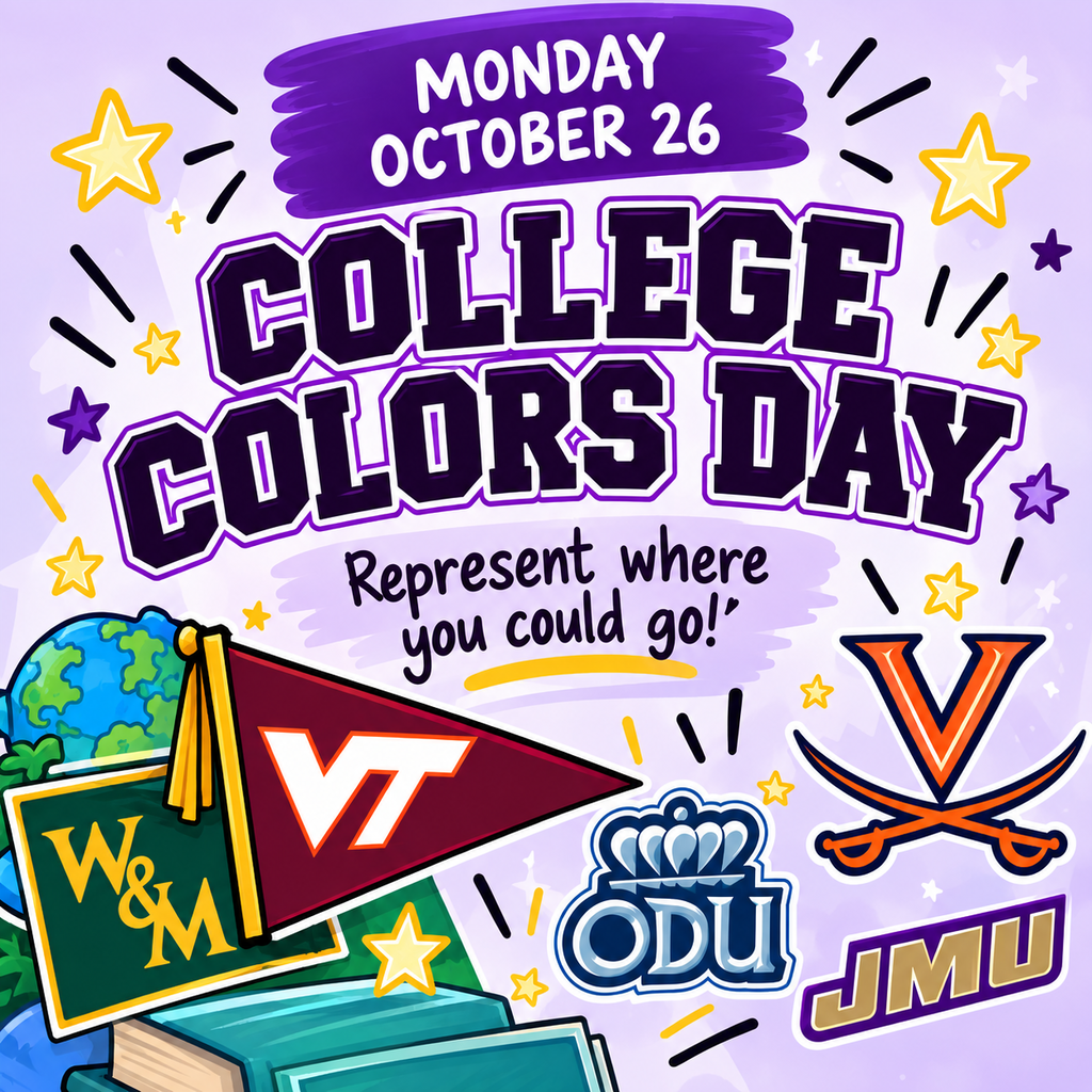 Colorful graphic with college logos and text. A school banner, books, and a globe. Text reads "College Colors Day."