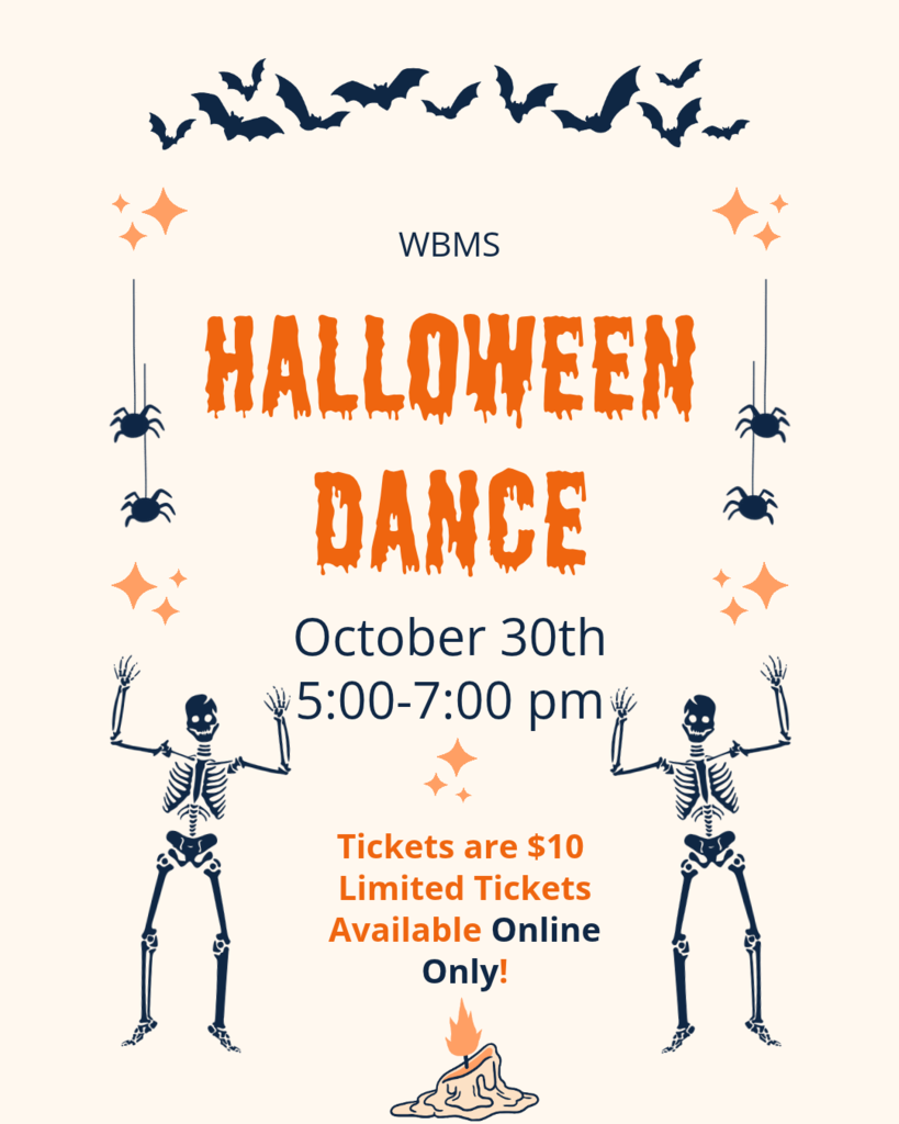 Poster with skeletons and bats for Halloween Dance event on Oct 30th from 5-7pm. Tickets $10.