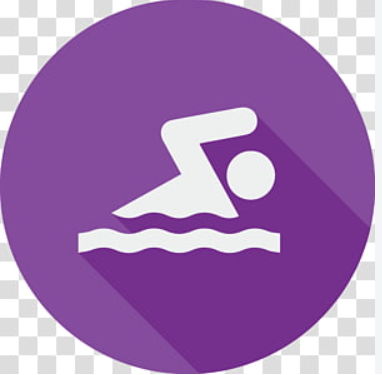 White pictogram of a person swimming in water inside a purple circular badge