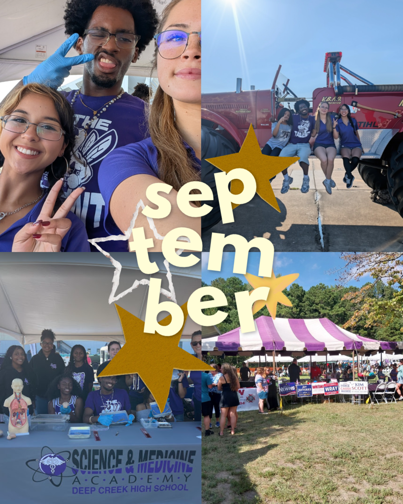 A four-panel photo collage featuring high school students in September, overlaid with the text "september" and gold star graphics. The photos show students posing in purple shirts, sitting on a red rescue vehicle, and running a Science & Medicine Academy booth at an outdoor community event.