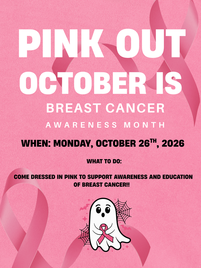 Pink background with pink breast cancer awareness ribbons and large white text reading “Pink Out October Is Breast Cancer Awareness Month.”
