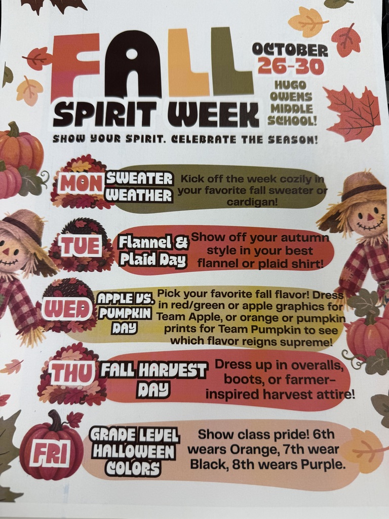 A spirit week flyer saying that Monday is Sweater Weather day, Tuesday is Flannel / Plaid Day, Wednesday is Apple versus Pumpkin day, Thursday is fall harvest day and Friday is grade level Halloween colors day