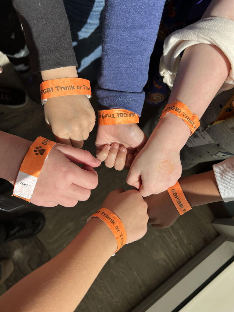 A group of students with their arms together showcasing their orange wristbands that they will use to get in to Trunk or Treat tonight.
