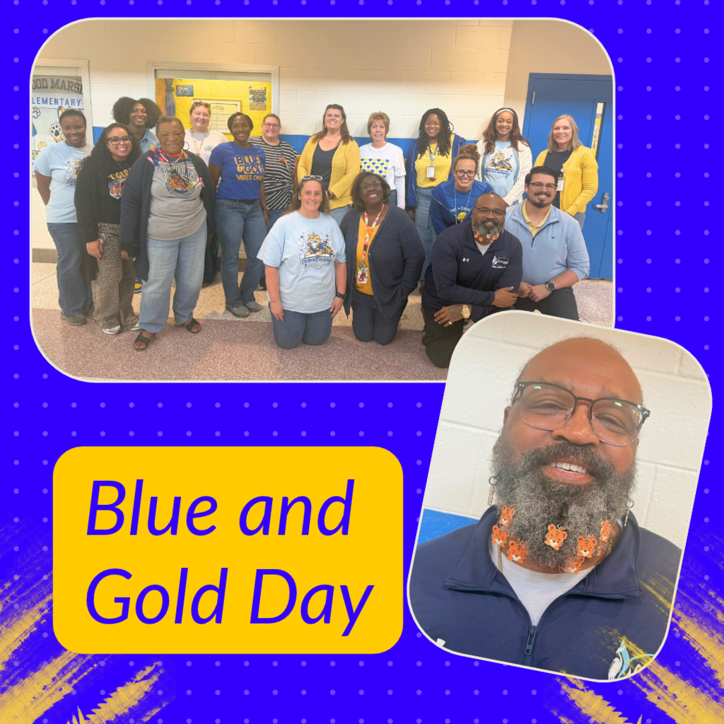 A photo collage on a blue dotted background titled "Blue and Gold Day" showing school staff wearing blue and yellow, alongside a close-up of a man with tiger charms in his beard.