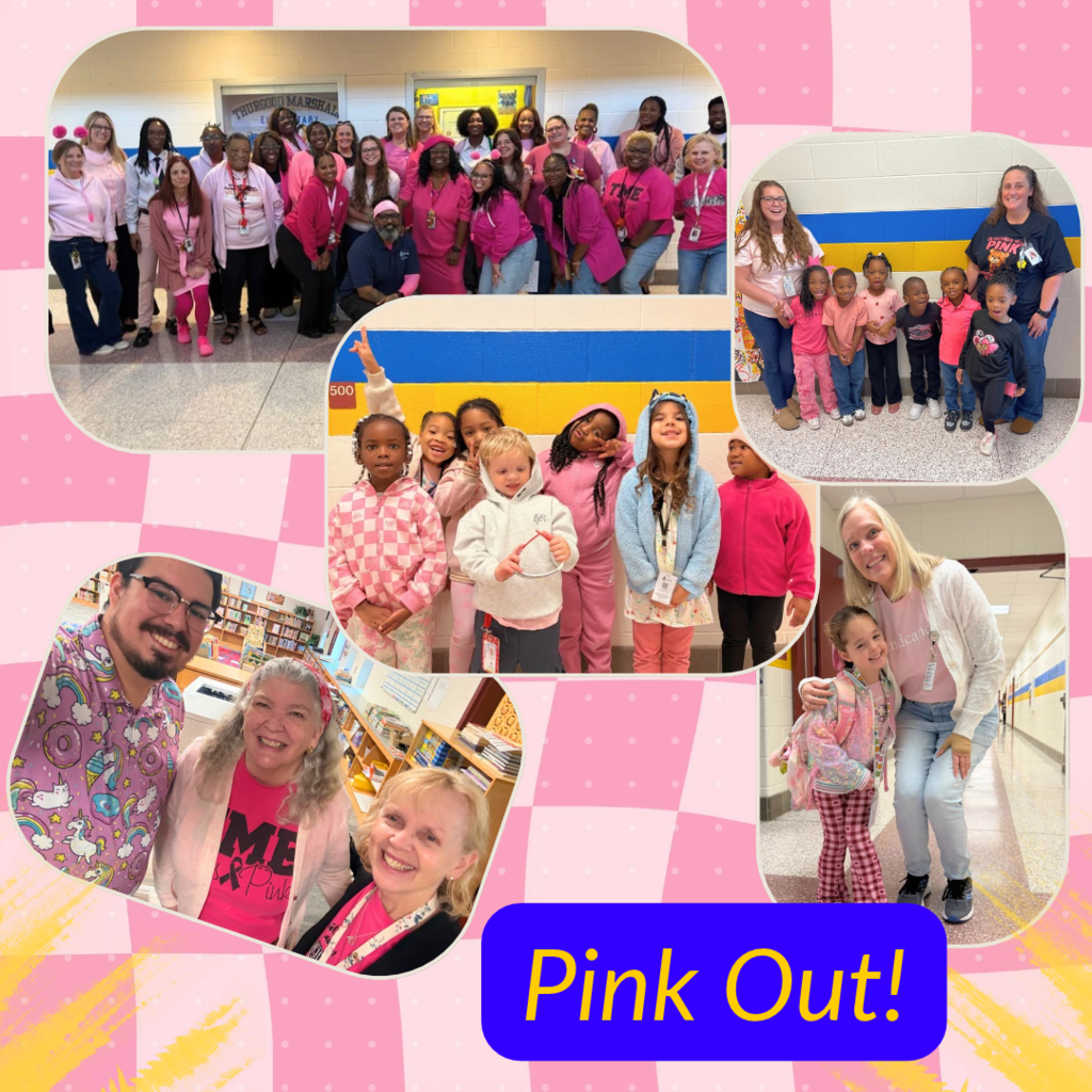 A photo collage on a pink checkered background titled "Pink Out!" showing various groups of school staff and students smiling and wearing pink clothing in school hallways and a library.