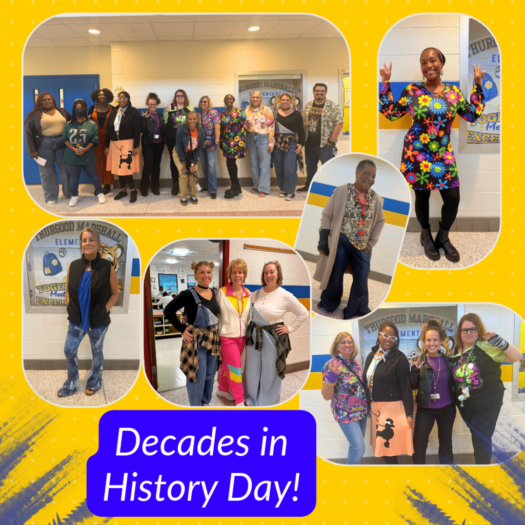 A photo collage on a yellow background titled "Decades in History Day!" showing various groups and individuals of school staff dressed in retro outfits representing different eras, including 1950s poodle skirts, 1960s floral dresses, 1970s bell-bottoms, 1980s neon, and 1990s overalls.