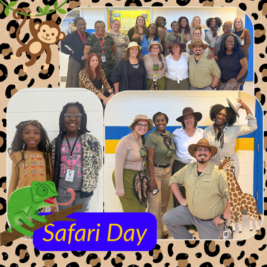 A photo collage on a leopard print background titled "Safari Day" showing school staff and students wearing safari outfits and animal prints, decorated with cartoon jungle animals.