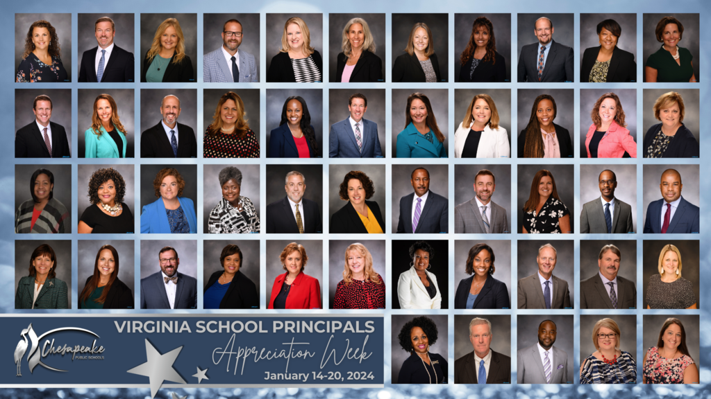 Chesapeake Public Schools Virginia School Principals Appreciation Week January 14-20, 2024. Two silver stars, blue background and 49 principals smiling.