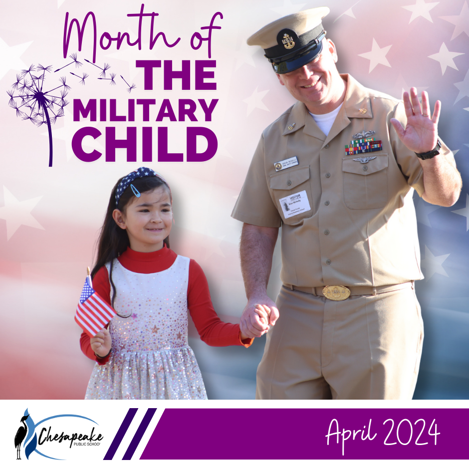 Month of the Military Child. April 2024. Purple Dandelion, student holding her parents hand, smiling and waving holding a United States flag. The parent is in uniform. American flag in the background.