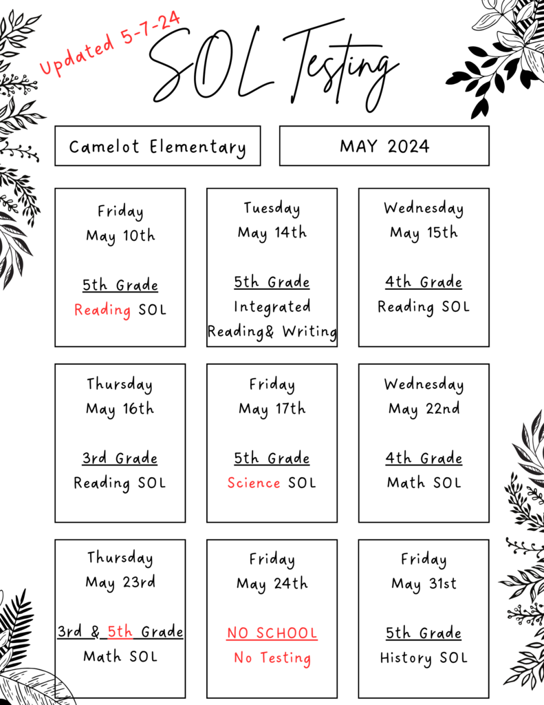 updated SOL Testing schedule