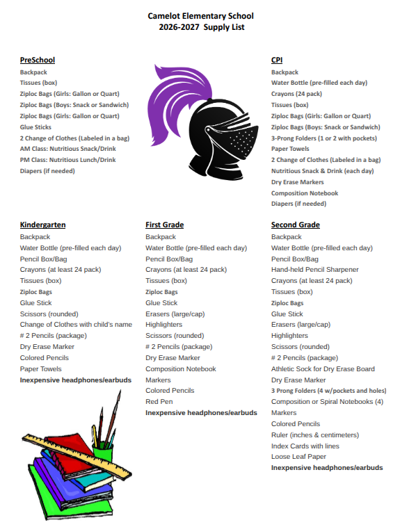 camelot's school supply list PreK to 2nd grade