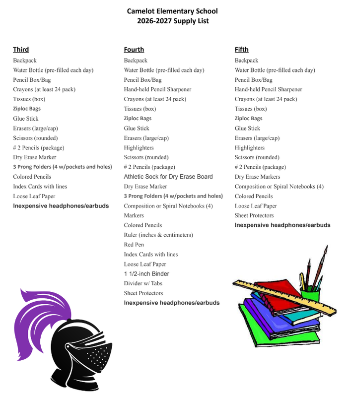 camelot's school supply list 3rd to  5th grades