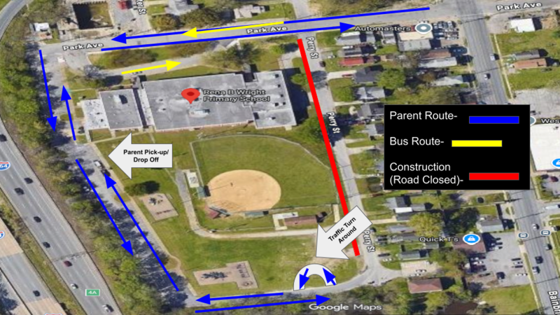 RBW Parent Drop Off & Pick Up Route, down Park Ave,  enter parking lots, u-turn at back and come back up to cones.