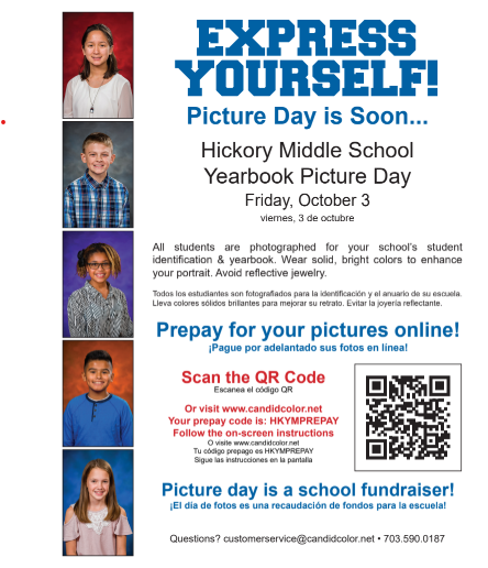 Flyer for Hickory Middle School Yearbook Picture Day. The event is Friday, October 3. It includes instructions to prepay for pictures online with the code HKYMPREPAY.
