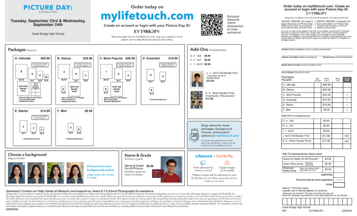 Flyer for Great Bridge High School Picture Day. Picture Day is scheduled for Tuesday, September 23rd, and Wednesday, September 24th. Families are directed to order online at mylifetouch.com using Picture Day ID EVTY98K3PV. The flyer shows six picture package options ranging from $46.99 to $8.99, with various photo sizes included in each. Add-ons are available for $9 to $12, including individual prints and popular combinations. Optional enhancements include retouching and adding a student’s name and grade for $8 each. The flyer displays sample student portraits with background options, ordering instructions, and a QR code for quick access. A section on the right provides an order form to mark selected packages, add-ons, and enhancements, along with spaces for student information and payment details.