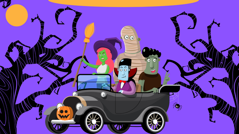 A purple sky with a witch, a dracula, a mummy, and a Frankenstein riding an old time car. There are two barren trees, as well.
