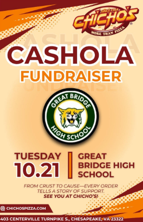 Flyer for a Chicho's Pizza fundraiser for Great Bridge High School. The event is titled "Cashola Fundraiser" and will take place on Tuesday, October 21st.