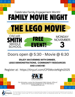 family movie night the Lego movie on Monday, November 3, 2025