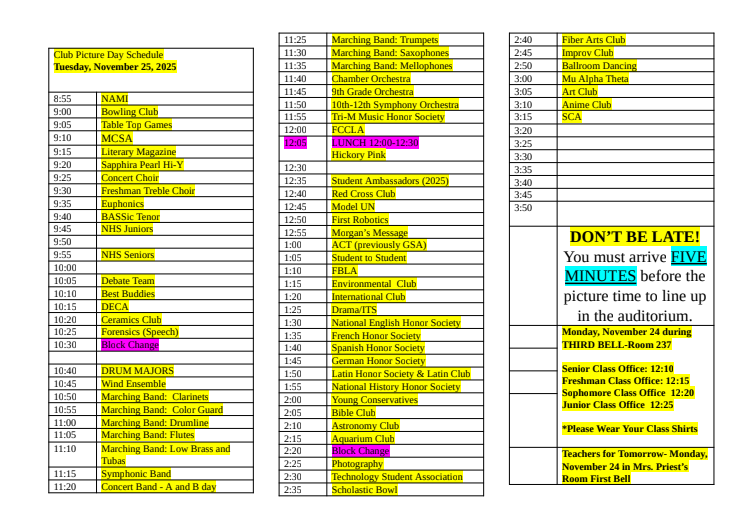club picture day schedule