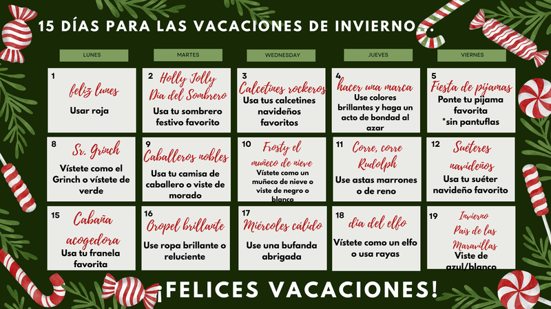 Spanish December Spirit Calendar with green and red/white candies on the border