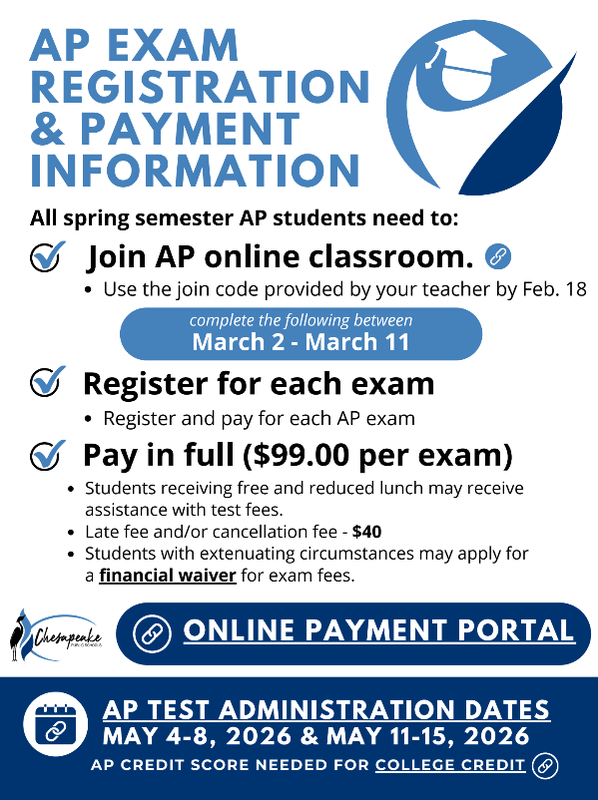 AP Exam Registration & Payment Information All spring semester AP students need to complete the following steps:  1. Join AP Online Classroom Use the join code provided by your teacher by Feb. 18.  Complete the following between March 2 – March 11:  2. Register for Each Exam Register and pay for each AP exam.  3. Pay in Full ($99.00 per exam) Students receiving free and reduced lunch may receive assistance with test fees.  Late fee and/or cancellation fee: $40  Students with extenuating circumstances may apply for a financial waiver for exam fees.  ONLINE PAYMENT PORTAL AP Test Administration Dates May 4-8, 2026 & May 11-15, 2026  AP Credit Score Needed for College Credit  Would you like me to draft a reminder email or announcement based on these deadlines for your students?