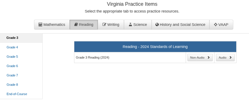 Image of VDOE Practice Items for Students to login