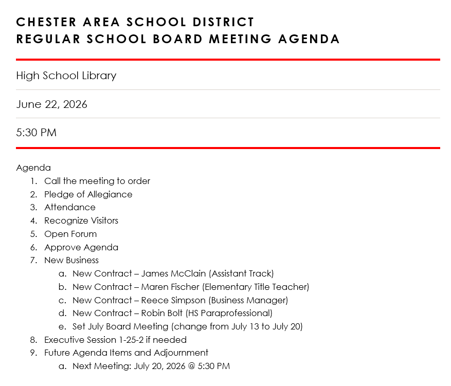 6-22-26 Special School Board Meeting Agenda