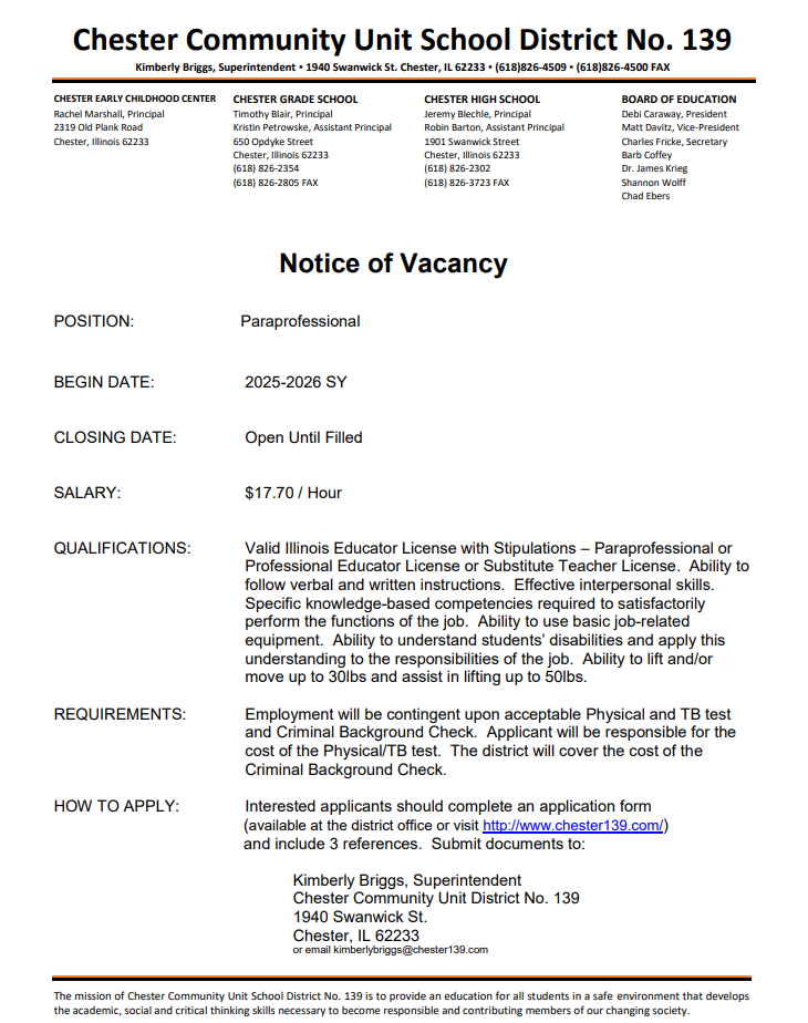 Paraprofessional job vacancy