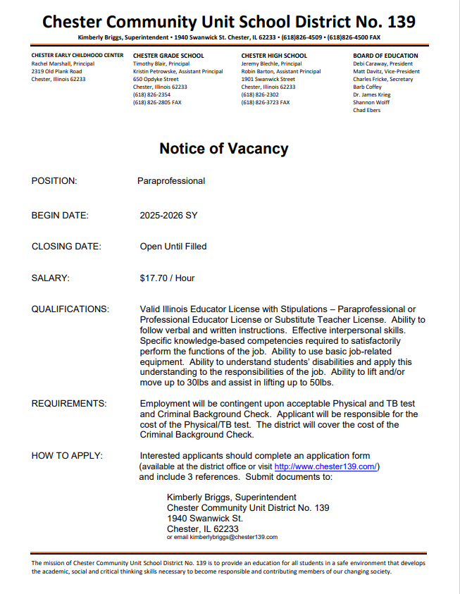 Paraprofessional vacancy