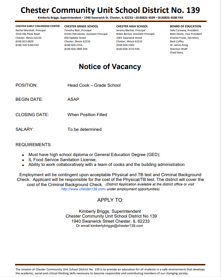 Head Cook vacancy