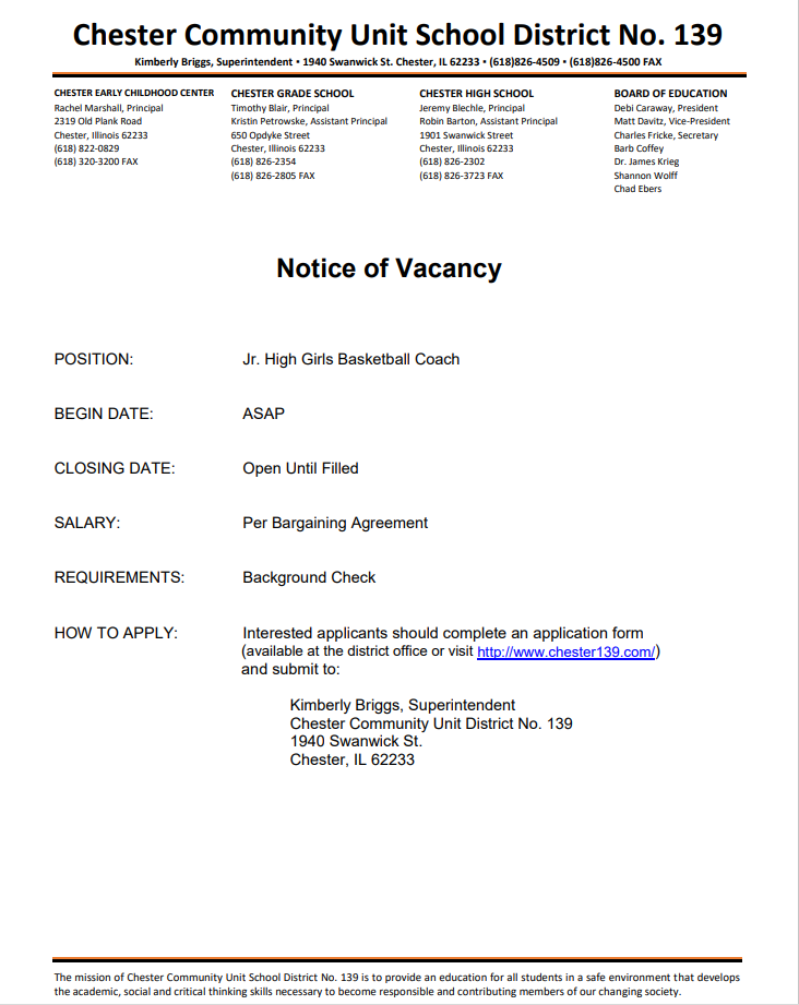 Jr. High Girls Basketball vacancy