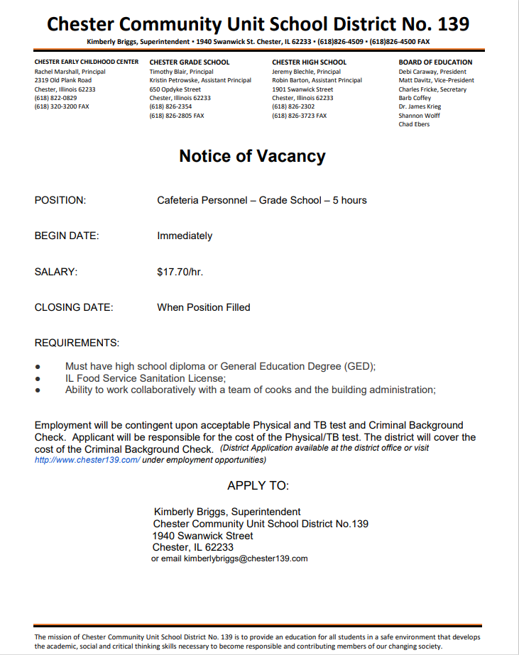 Grade School Cafeteria personnel vacancy