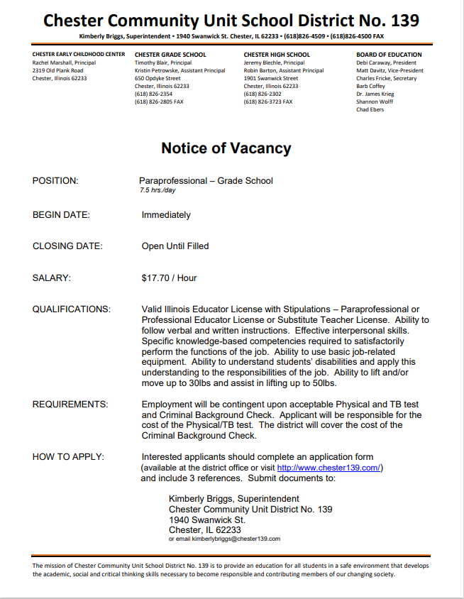 Grade School Paraprofessional Vacancy