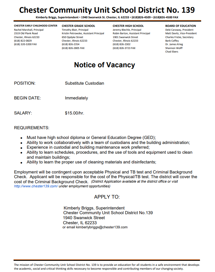 Substitute Custodian needed