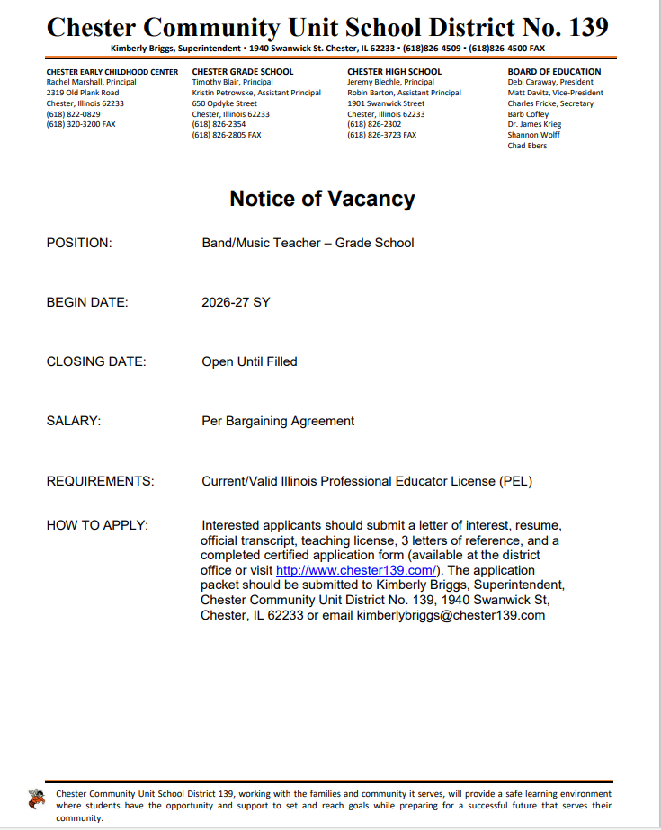 Grade School Band Teacher Vacancy