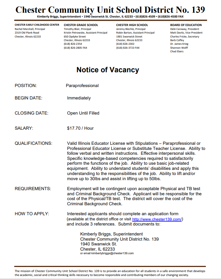 Paraprofessional Vacancy