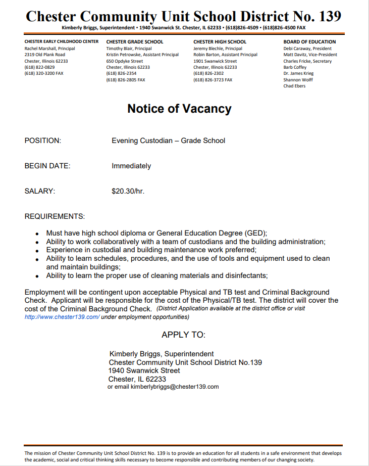 Grade School Evening Custodian Vacancy