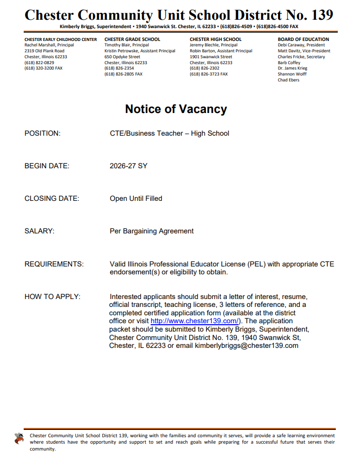 CTE/Business Teacher Vacancy