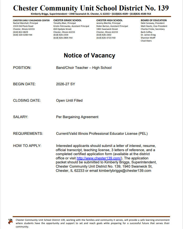 High School Band Teacher Vacancy
