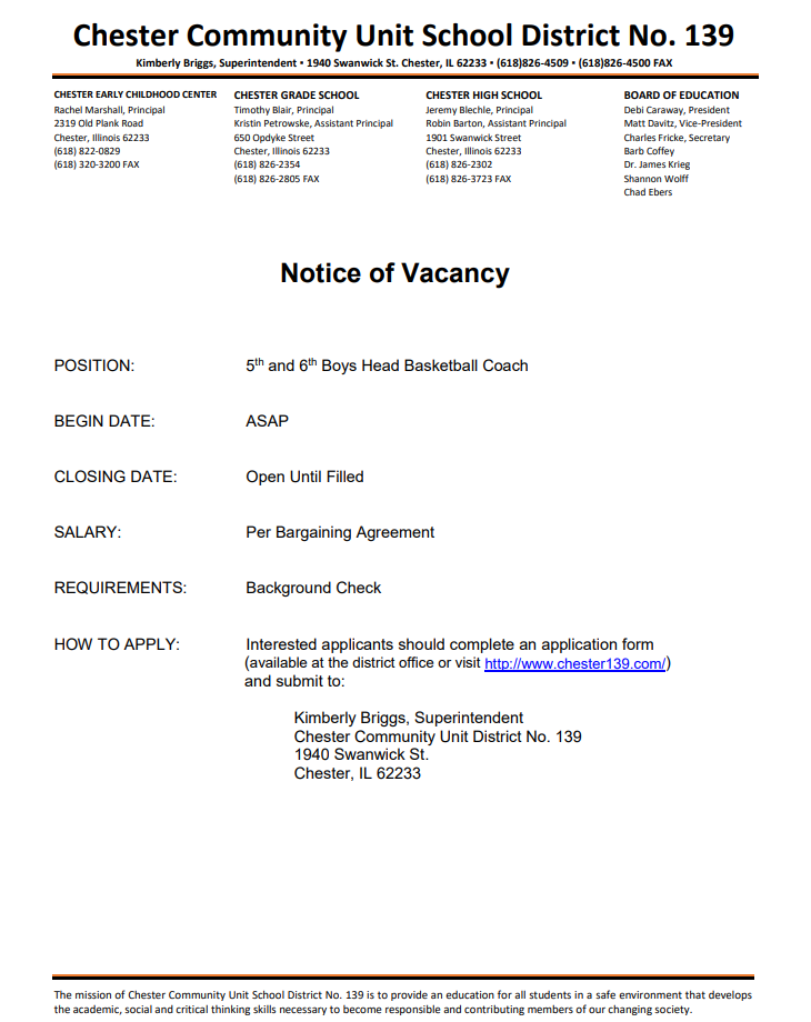 5th and 6th grade Boys Head Basketball Coach needed