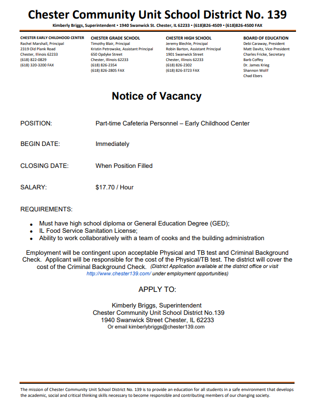 Part time ECC Cafeteria Personnel Vacancy