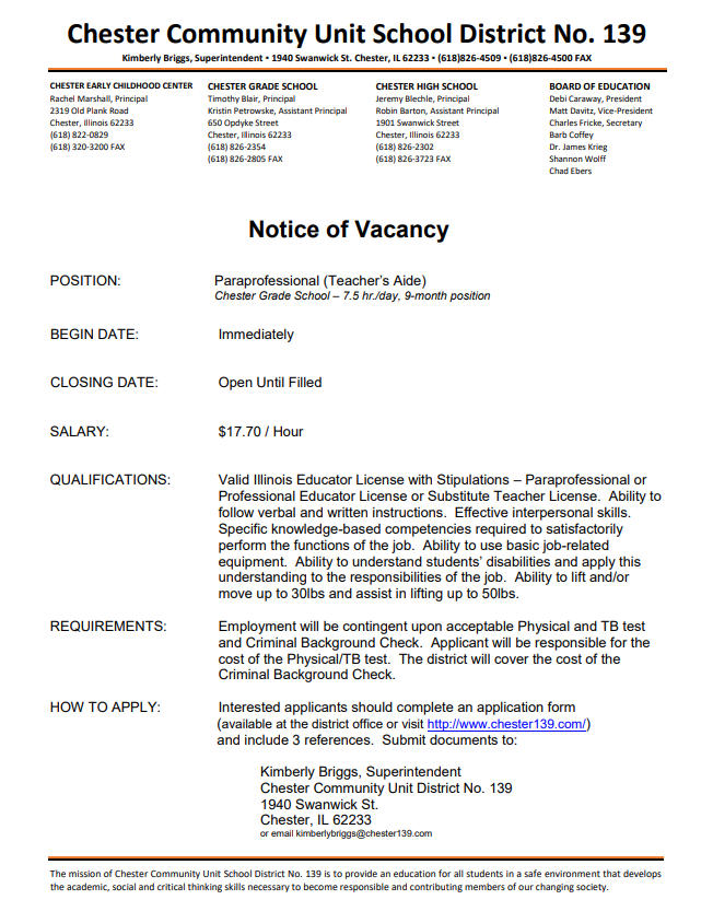 Grade School Paraprofessional Vacancy