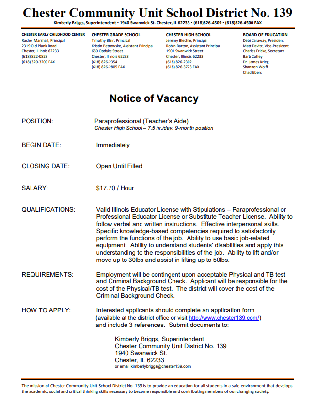 High School Paraprofessional Vacancy