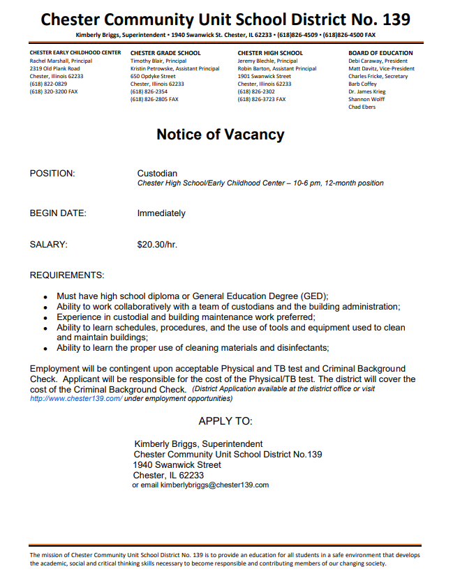 Custodian and High School Custodian Vacancy