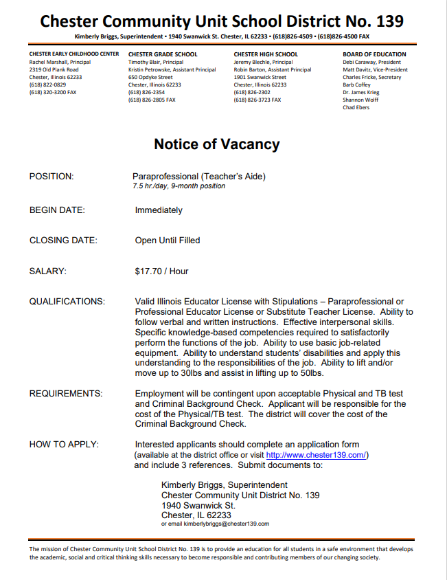 Paraprofessional job vacancy
