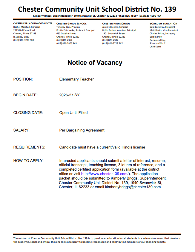 Elementary Teacher needed for the 26-27 School Year