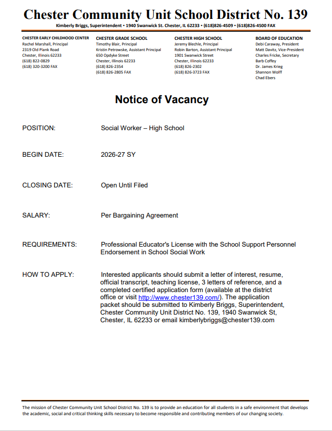 High School Social Worker needed for the 26-27 SY