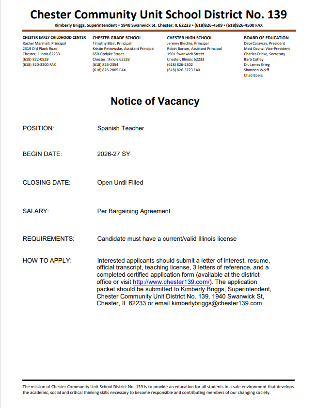 Spanish Teacher needed for the 26-27 SY